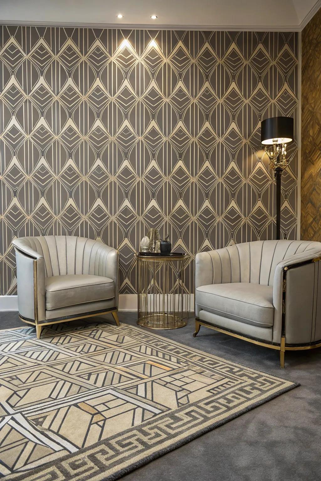 A room showcasing prominent geometric motifs characteristic of Art Deco.