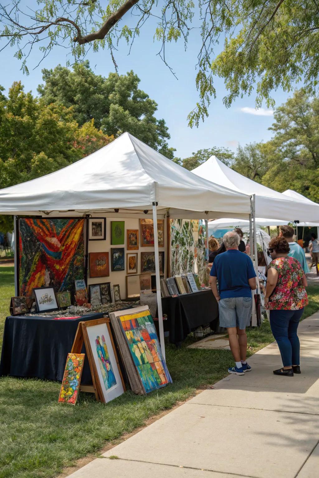 An inviting outdoor art display nestled under a protective canopy.