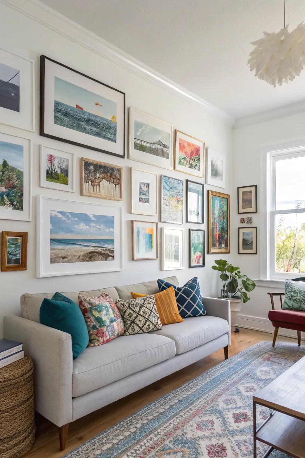 A diverse gallery wall showcases various frame styles and art prints.