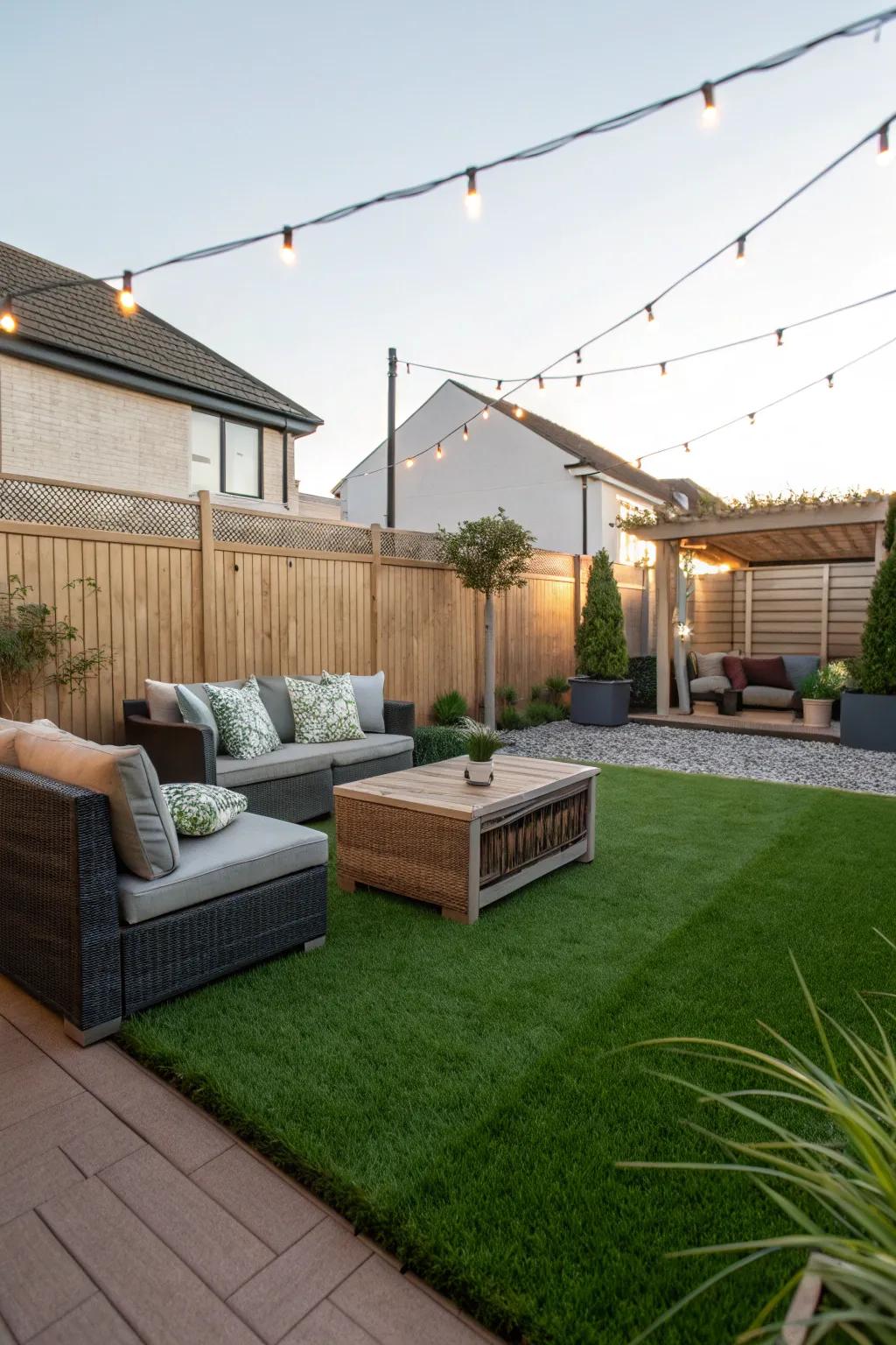 A comfortable seating area on a rich artificial grass lawn.
