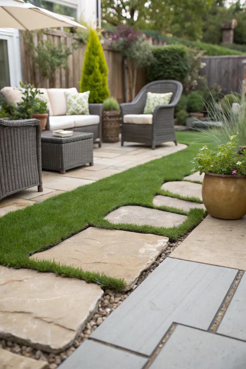 Effortless connection between patio and garden with artificial grass.
