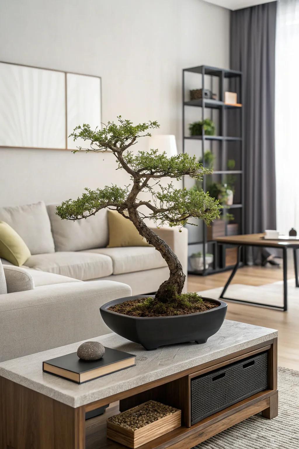 A miniature tree enhances the living space with a natural, serene touch.