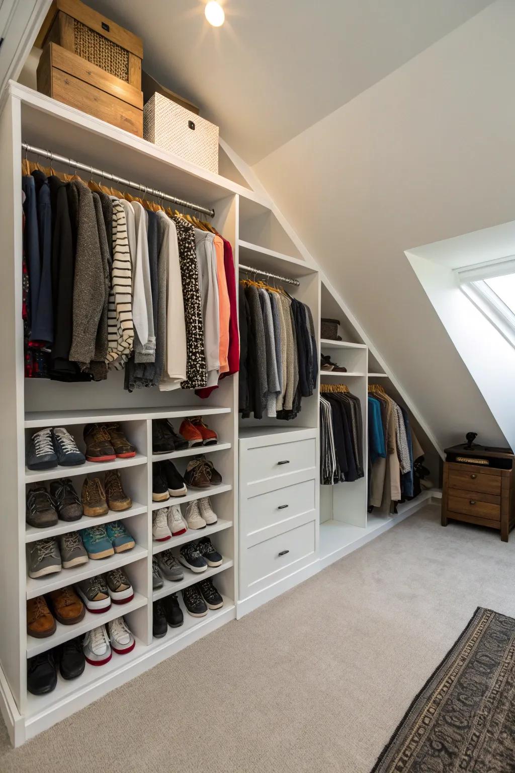 Custom shelving maximizes every inch under angled ceilings.