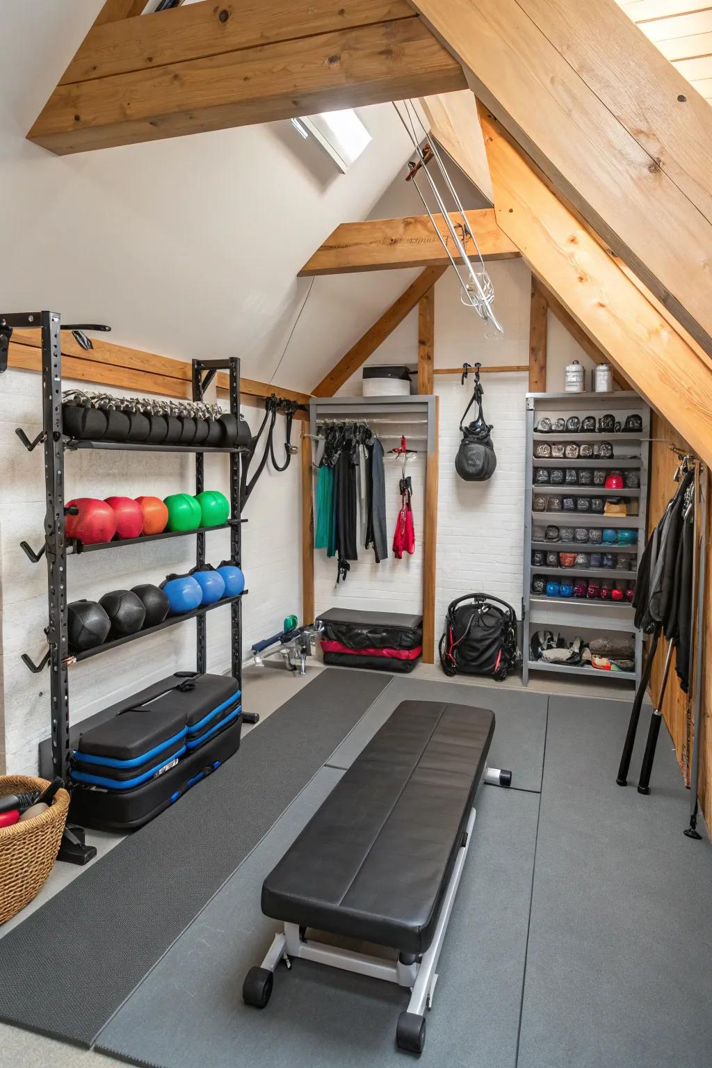 Efficient space management achieved with compact and functional gym equipment.
