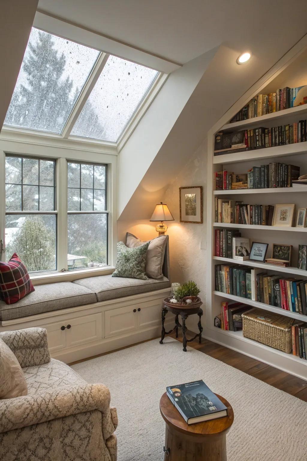 Transform your attic into a haven for book enthusiasts with a welcoming reading sanctuary.