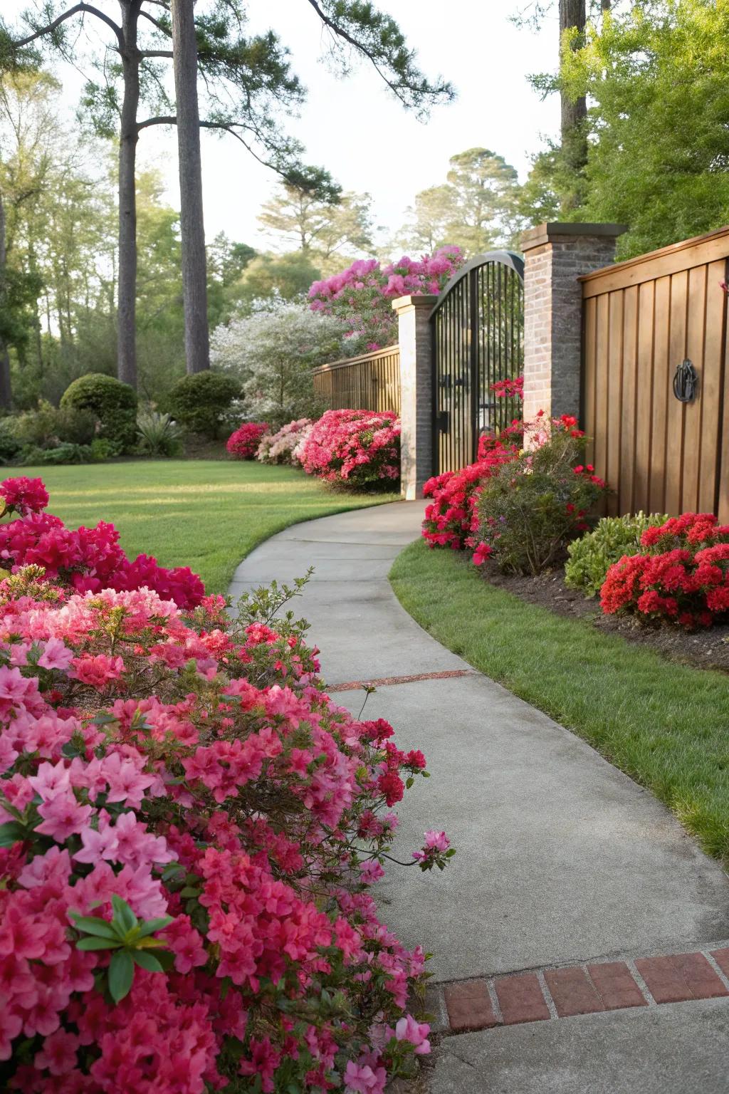 A vibrant walkway bordered with azaleas, creating a welcoming entrance.
