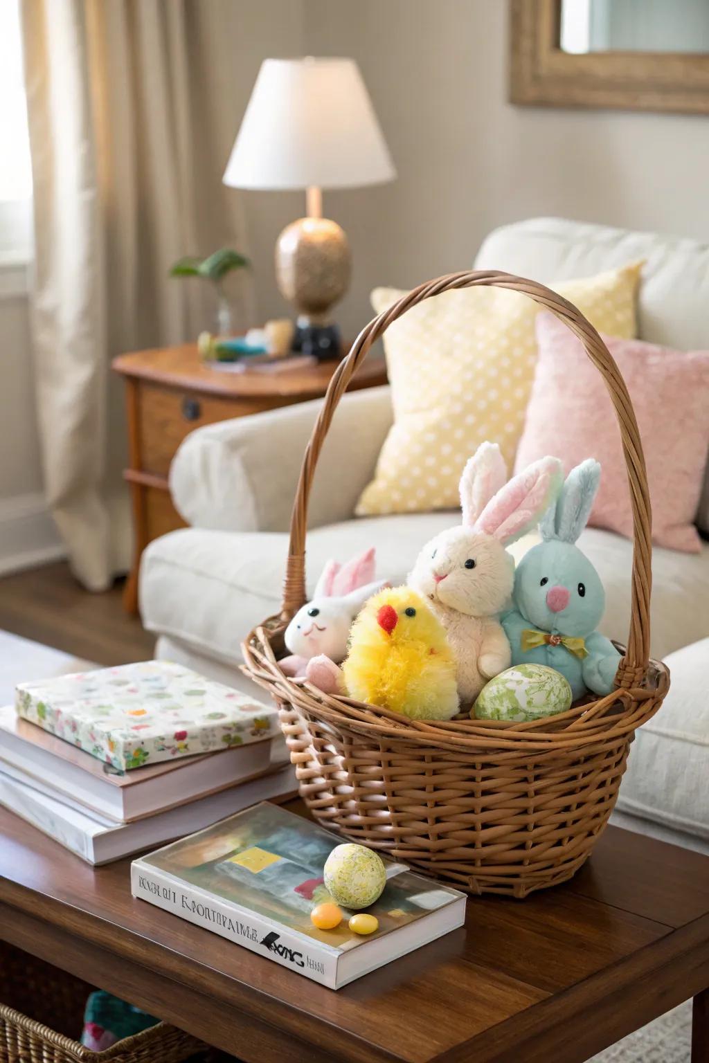A basket overflowing with endearing stuffed animals, ideal for young children.