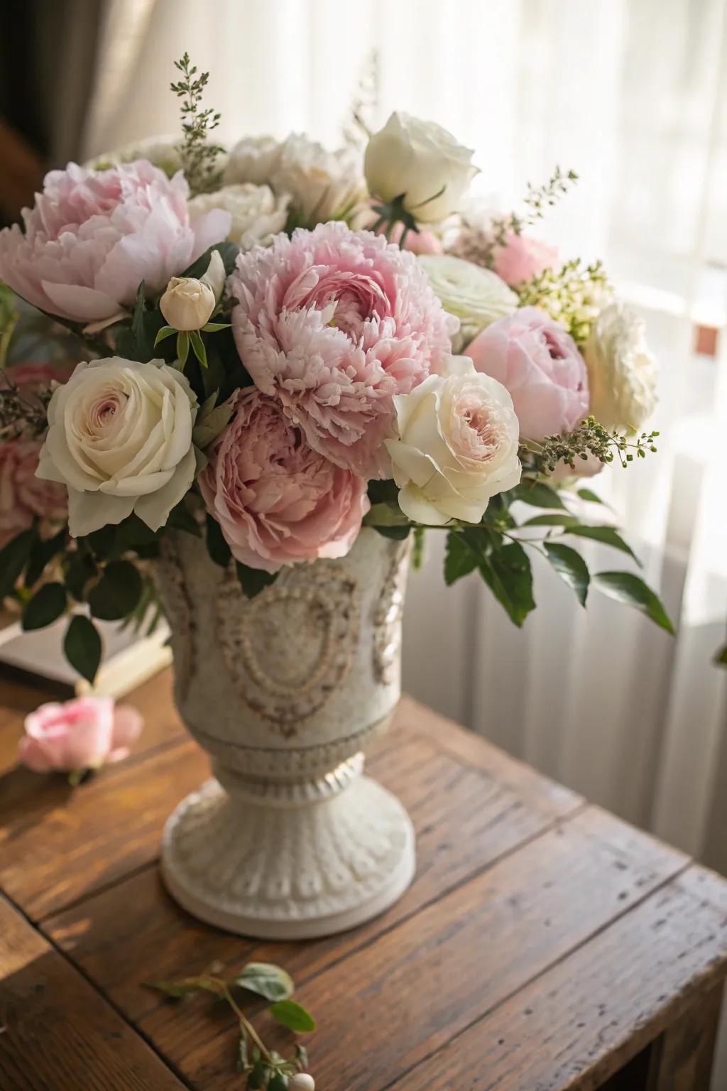A dreamy floral centerpiece showcasing pink blossoms and ivory roses.