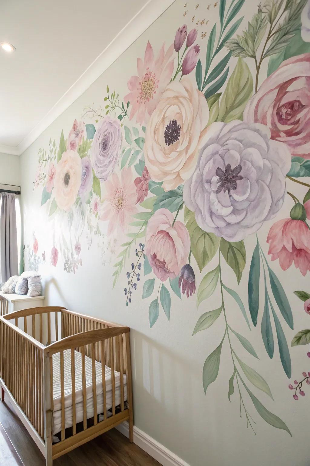A nursery wall features an eye-catching floral design.