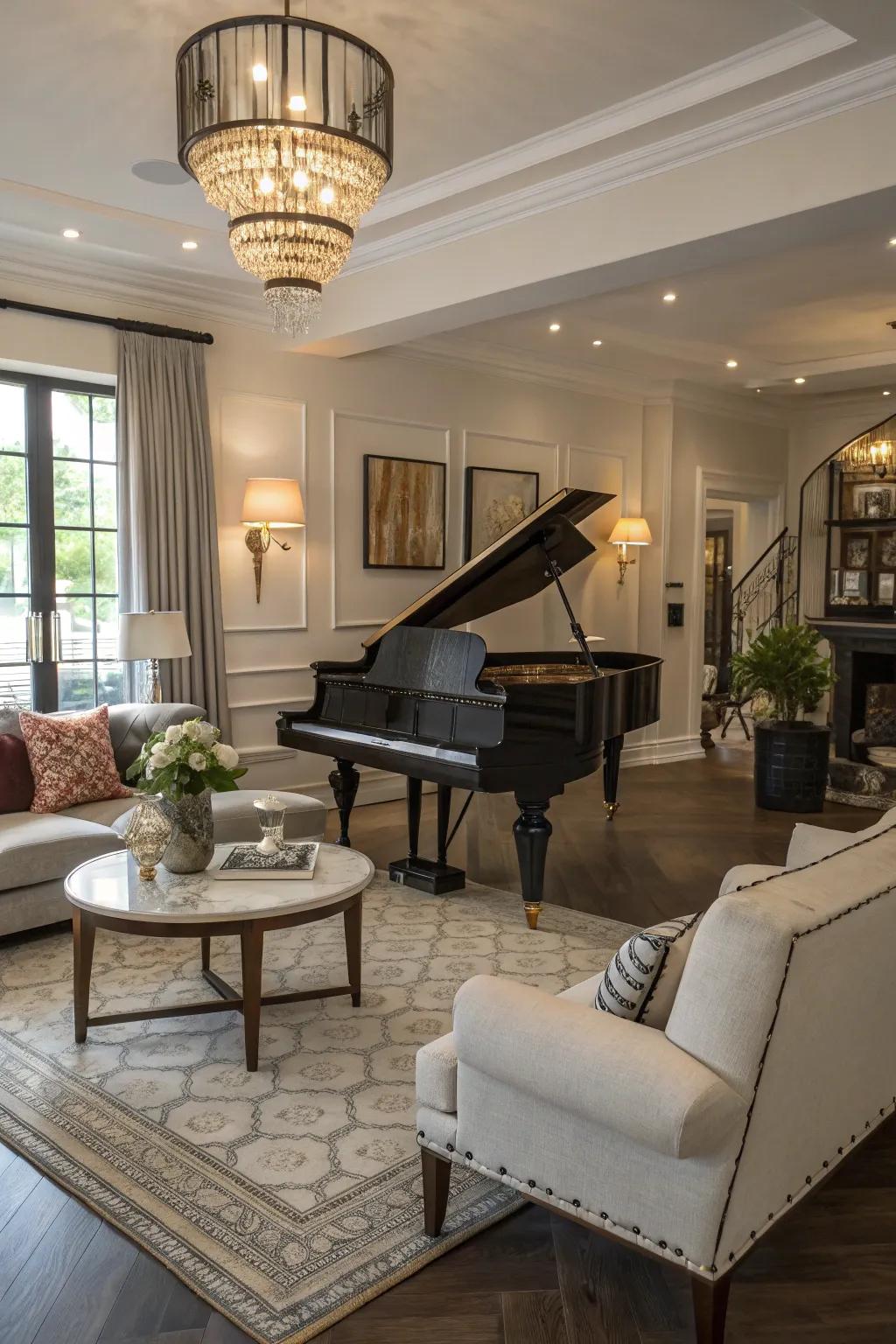 The compact concert instrument is the key feature in this welcoming living space.