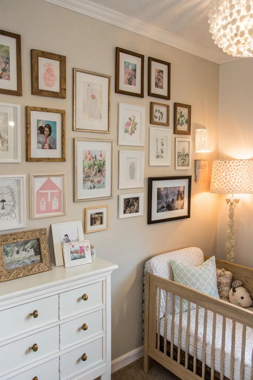 A gallery display elegantly combines infant images with artistic prints.