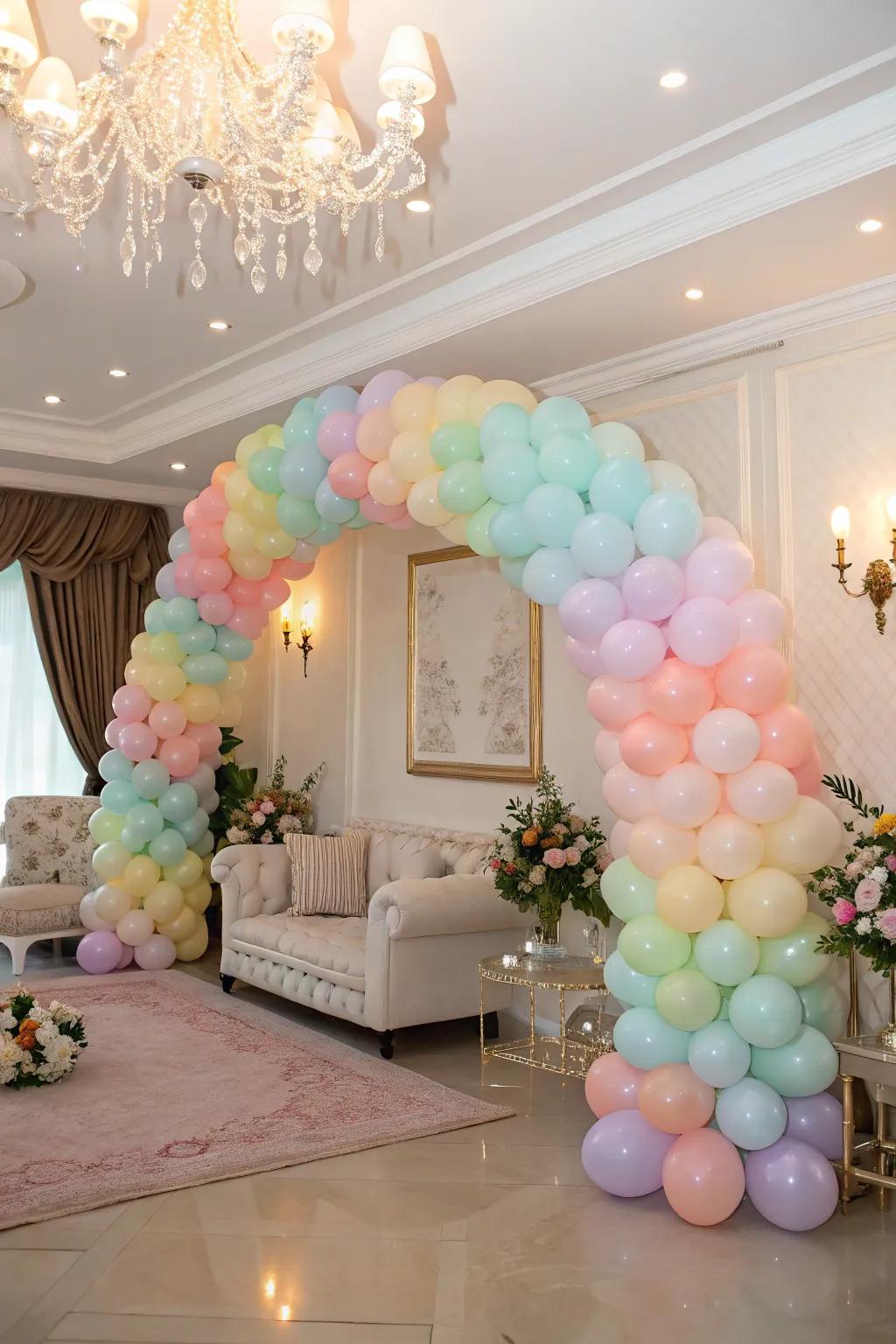 A vibrant balloon arch in pastel colors provides an inviting backdrop.