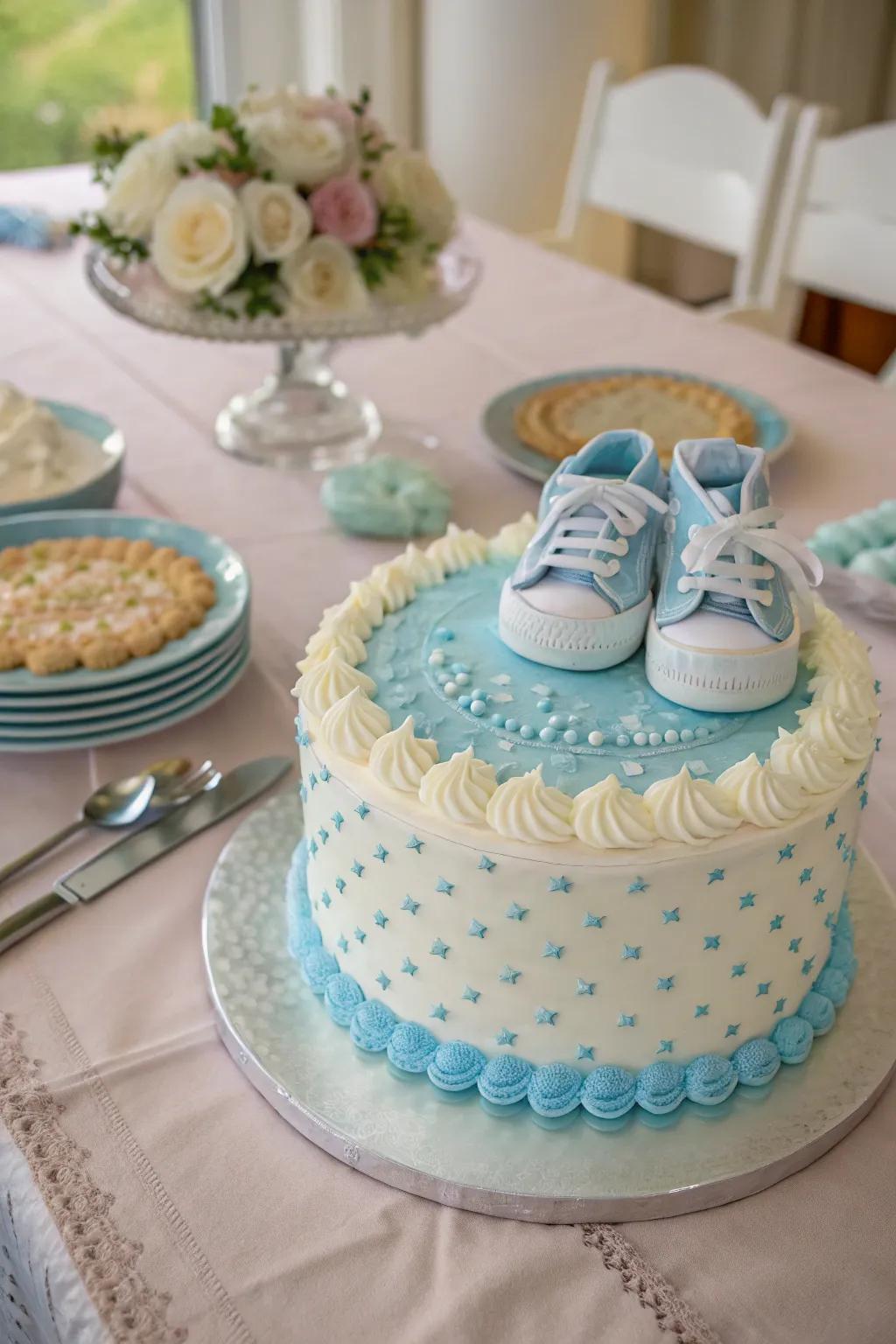 Classic blue and white buttercream cake embellished with baby shoes.