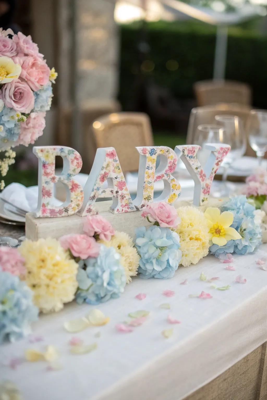 Blooming letters spell out 'BABY' for a fanciful addition.