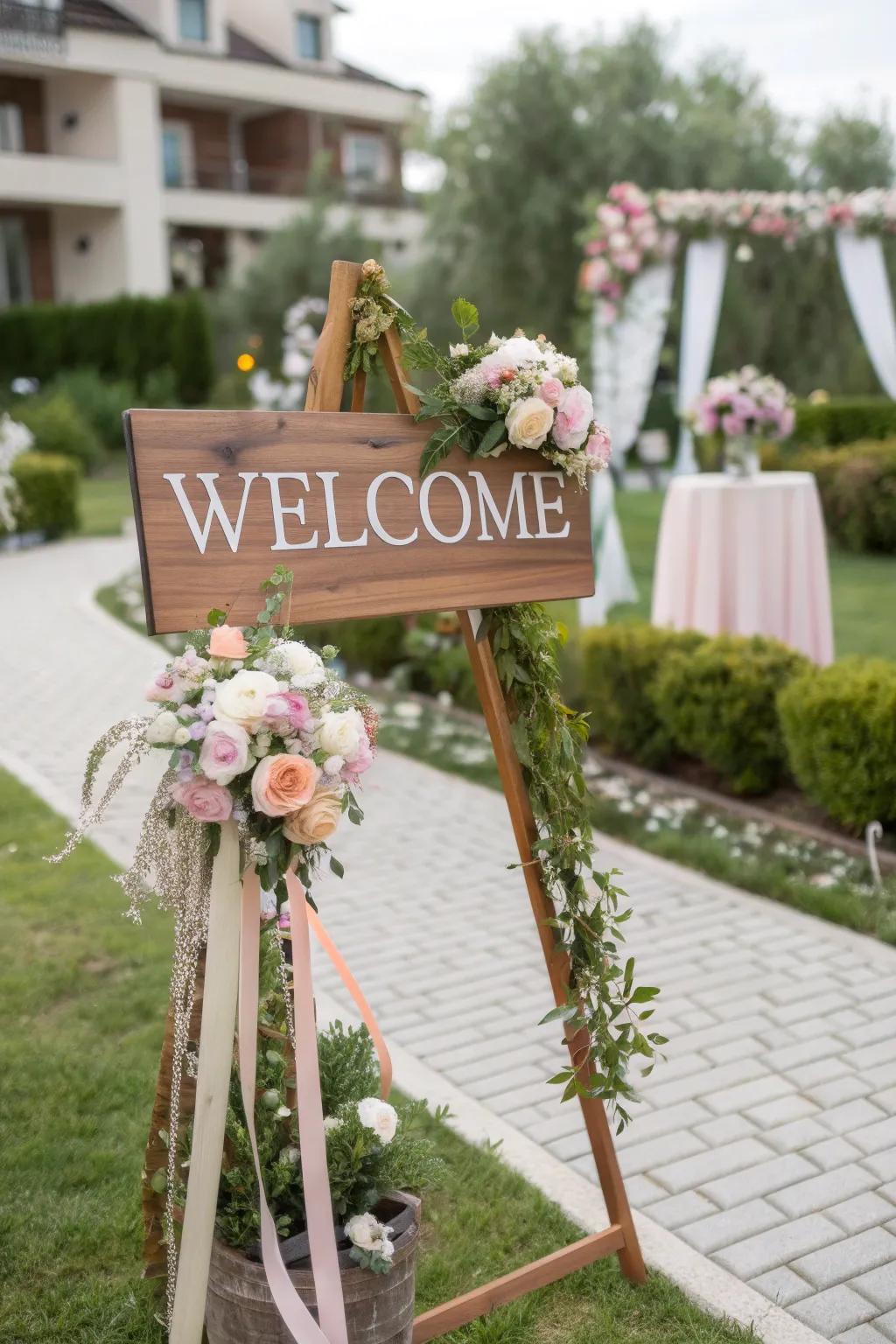 A bespoke welcome sign adds a personal greeting as guests arrive for the baby shower.