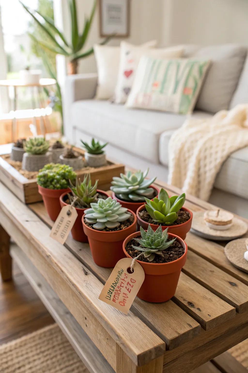 Lovely little succulents with individualized labels leave a memorable impression.