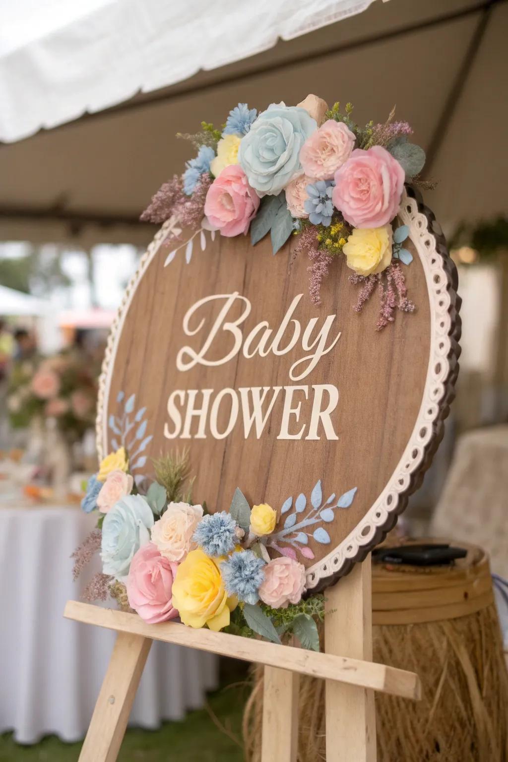 A personalized name sign imparts a heartfelt ambiance to your baby shower aesthetic.
