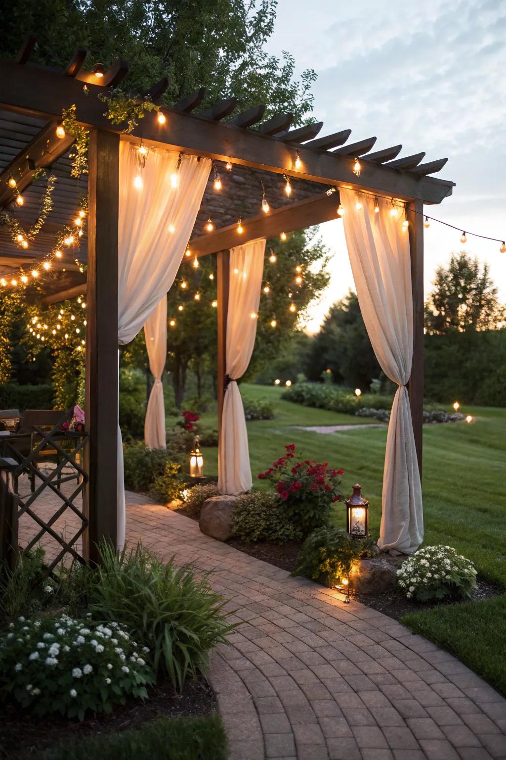 Strand lights conjure a captivating ambiance over a backyard pergola.