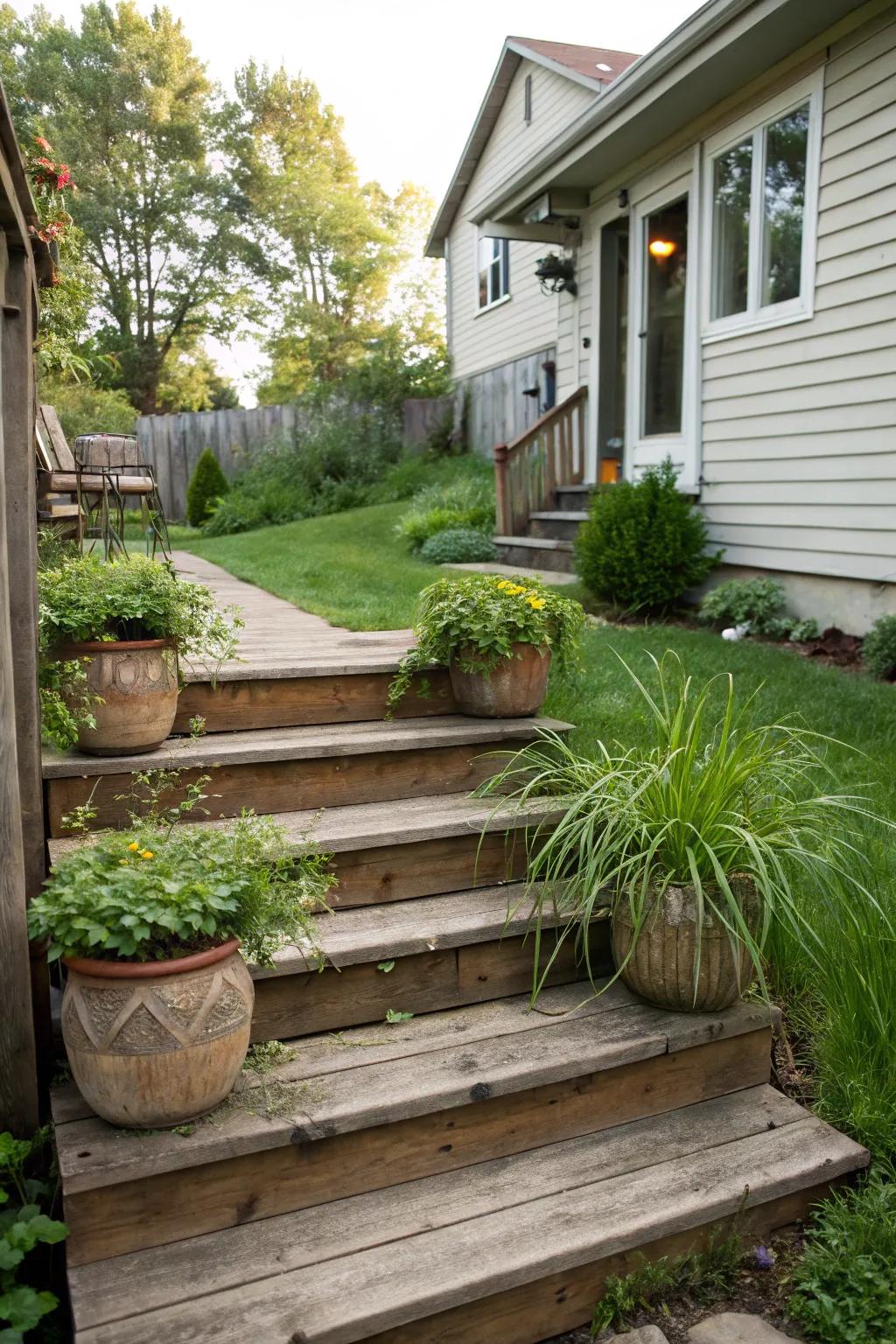 Expansive wood steps create a welcoming transition from indoors to outdoors.