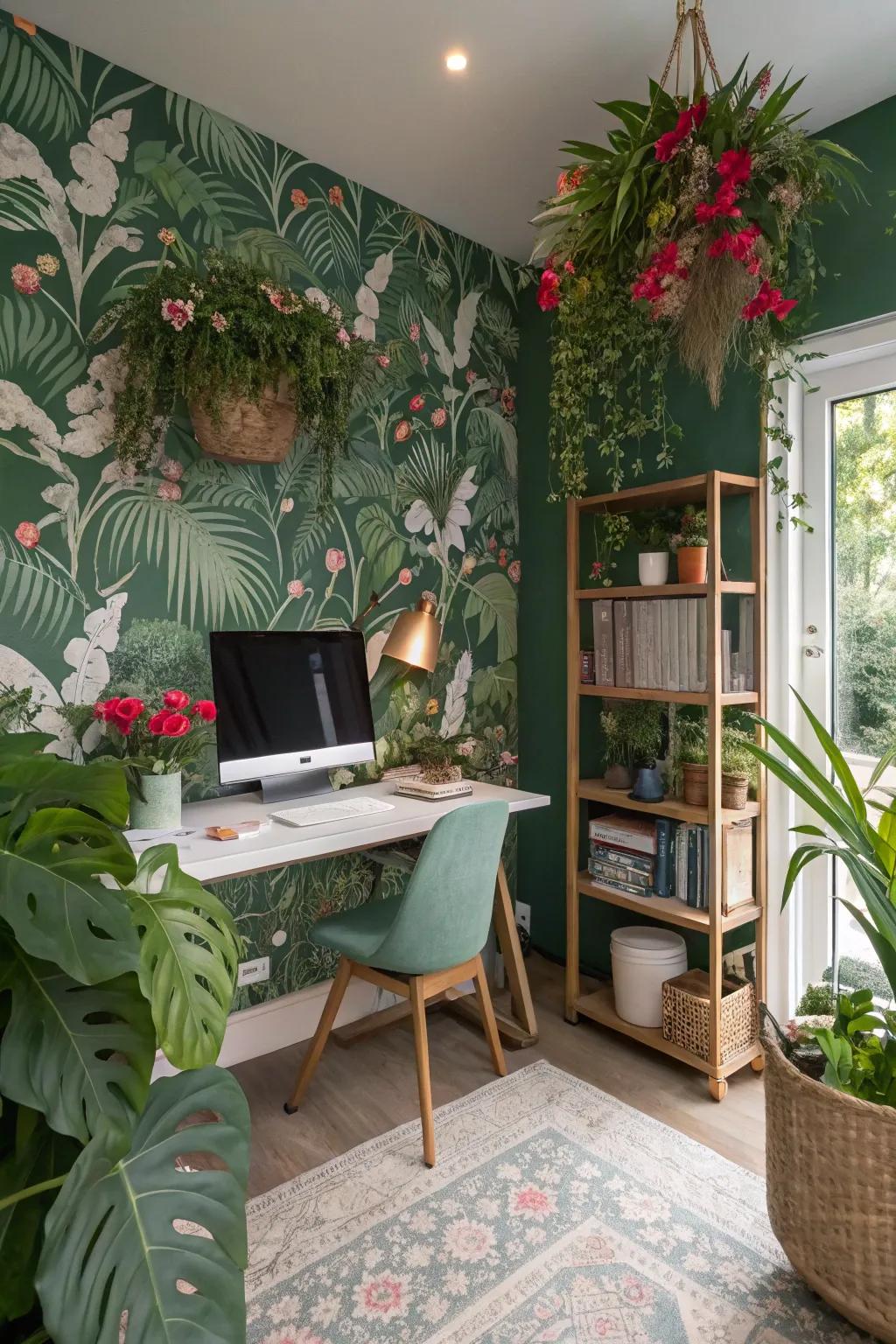 A workspace featuring botanical wall coverings, lush plants, and floral accents.