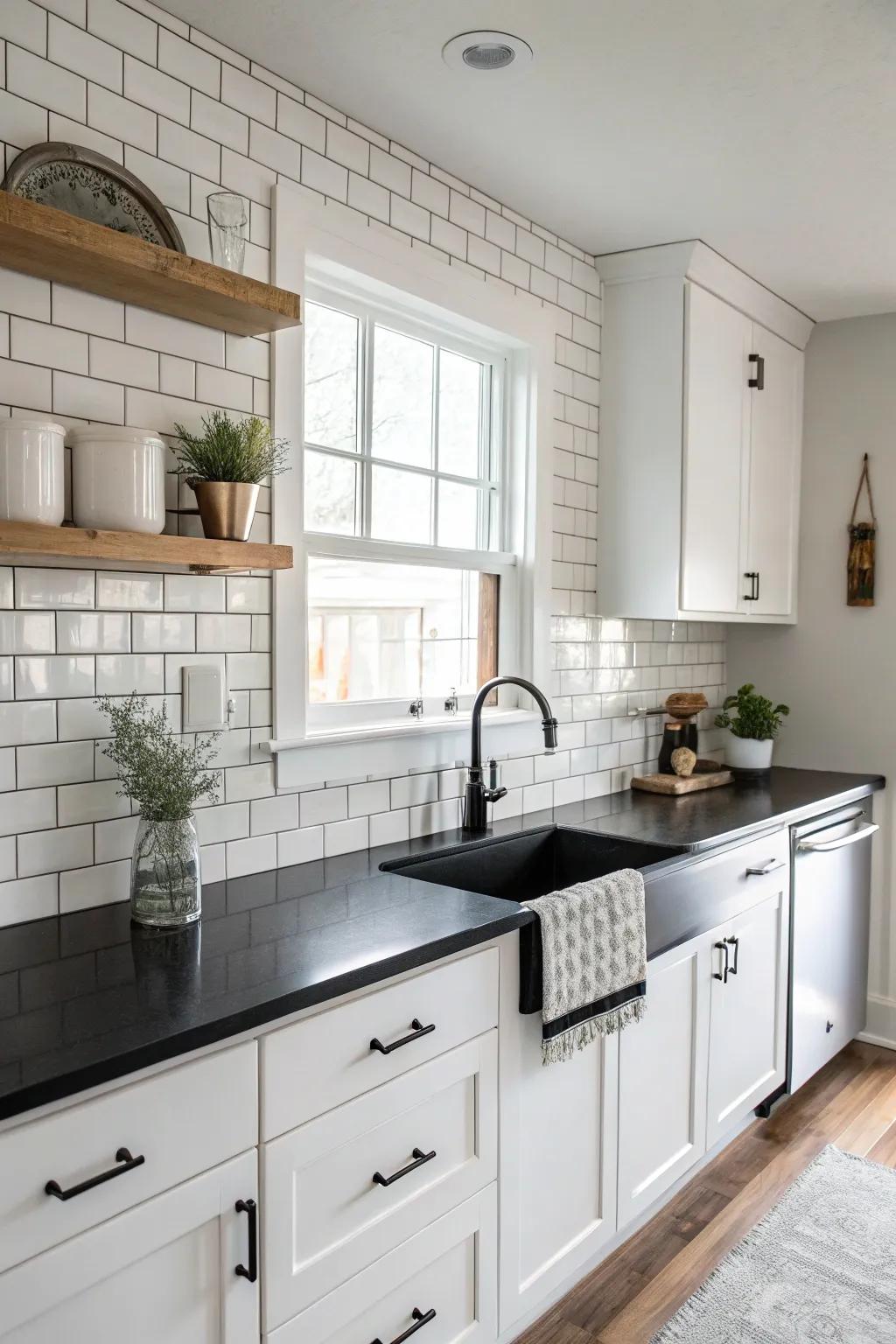 White subway tiles offer a stunning contrast to black countertops.
