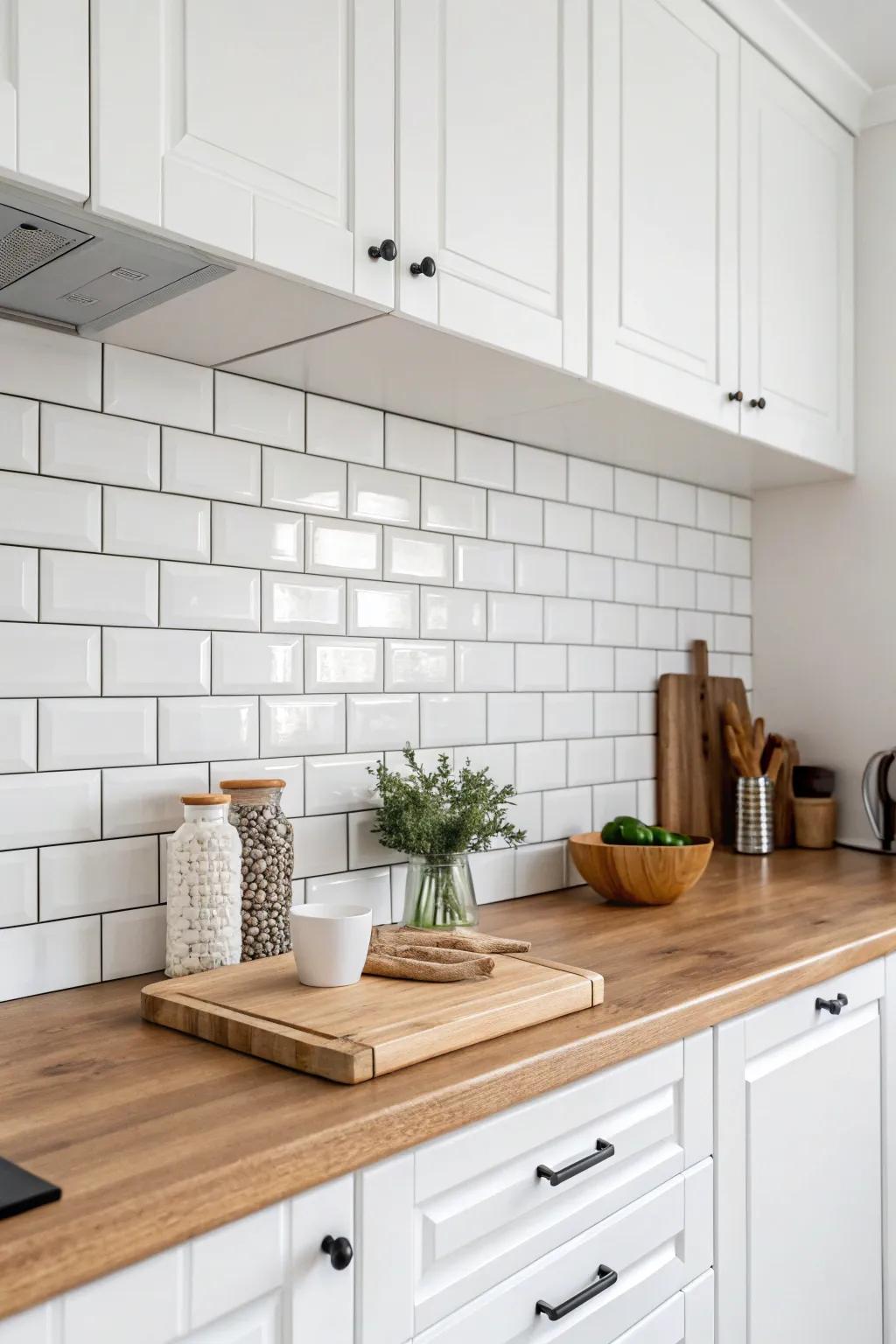 Classic sophistication with white rectangular coverings and wooden worktop.