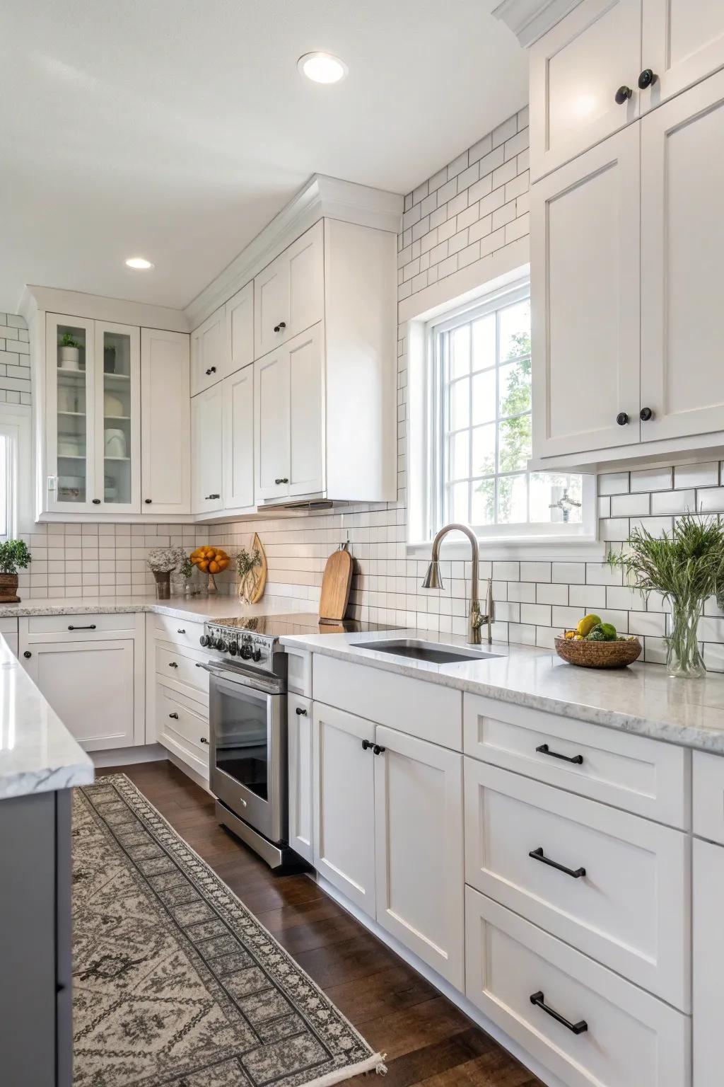 Classic white rectangular tiles blend seamlessly with white cabinets