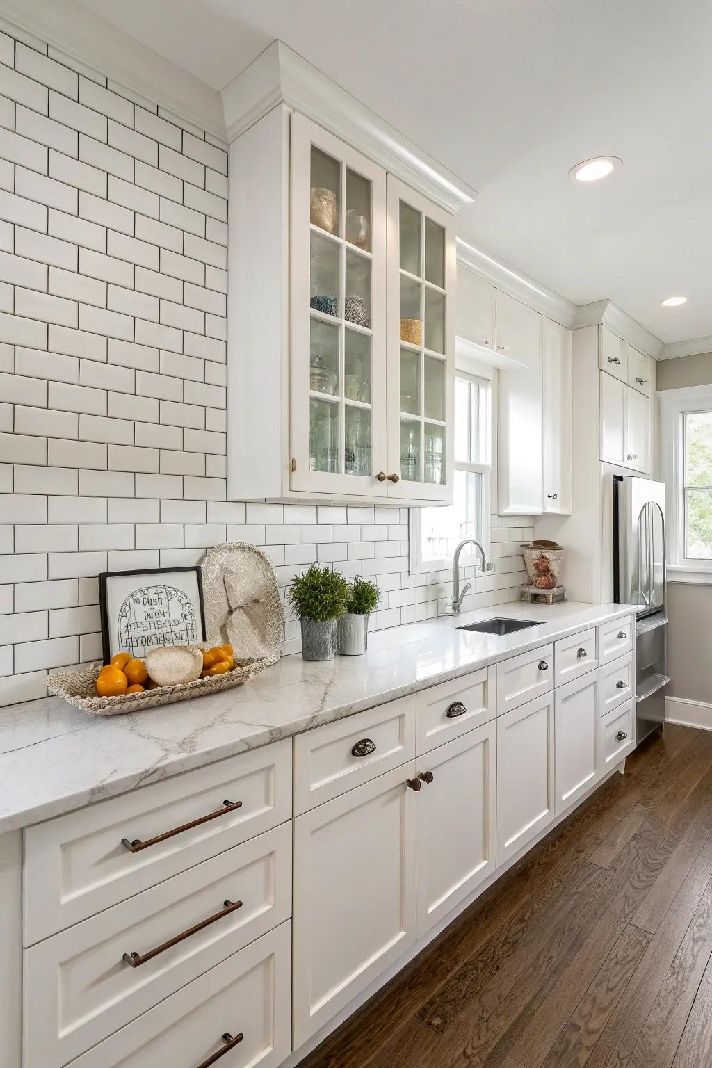 Classic white metro bricks introduce a timeless element to this refined kitchen.
