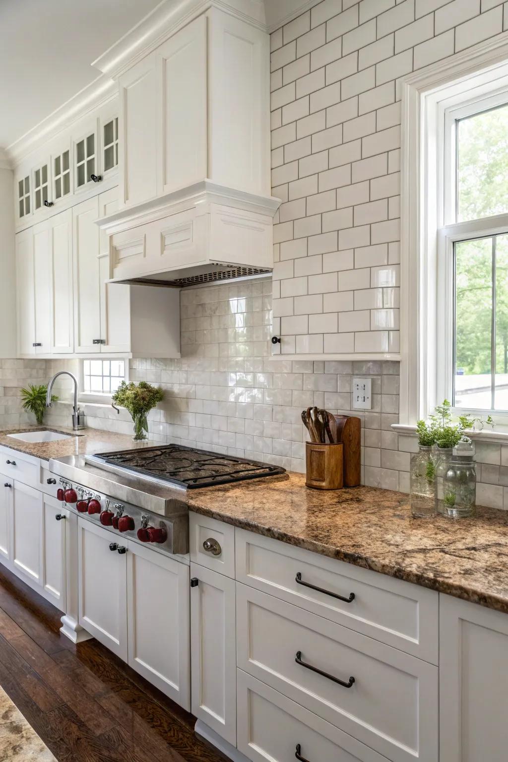White rectangular tiles offer a classic backdrop that highlights fantasy brown granite.