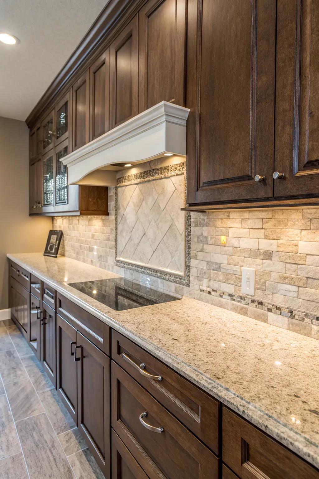 A mixed material backsplash enlivens granite countertops with texture and visual intrigue.