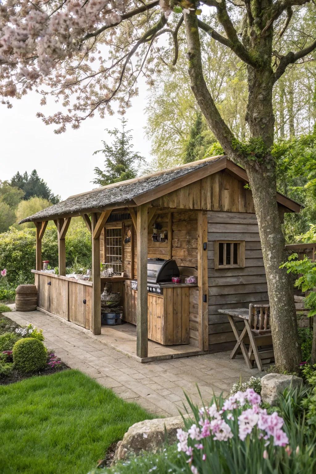 A country-style wood BBQ gazebo nestled in its natural setting.