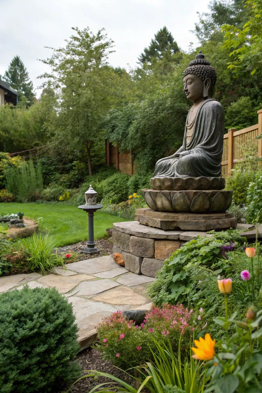 Position a Buddha statue at the heart of your garden for an immediate sense of serenity.