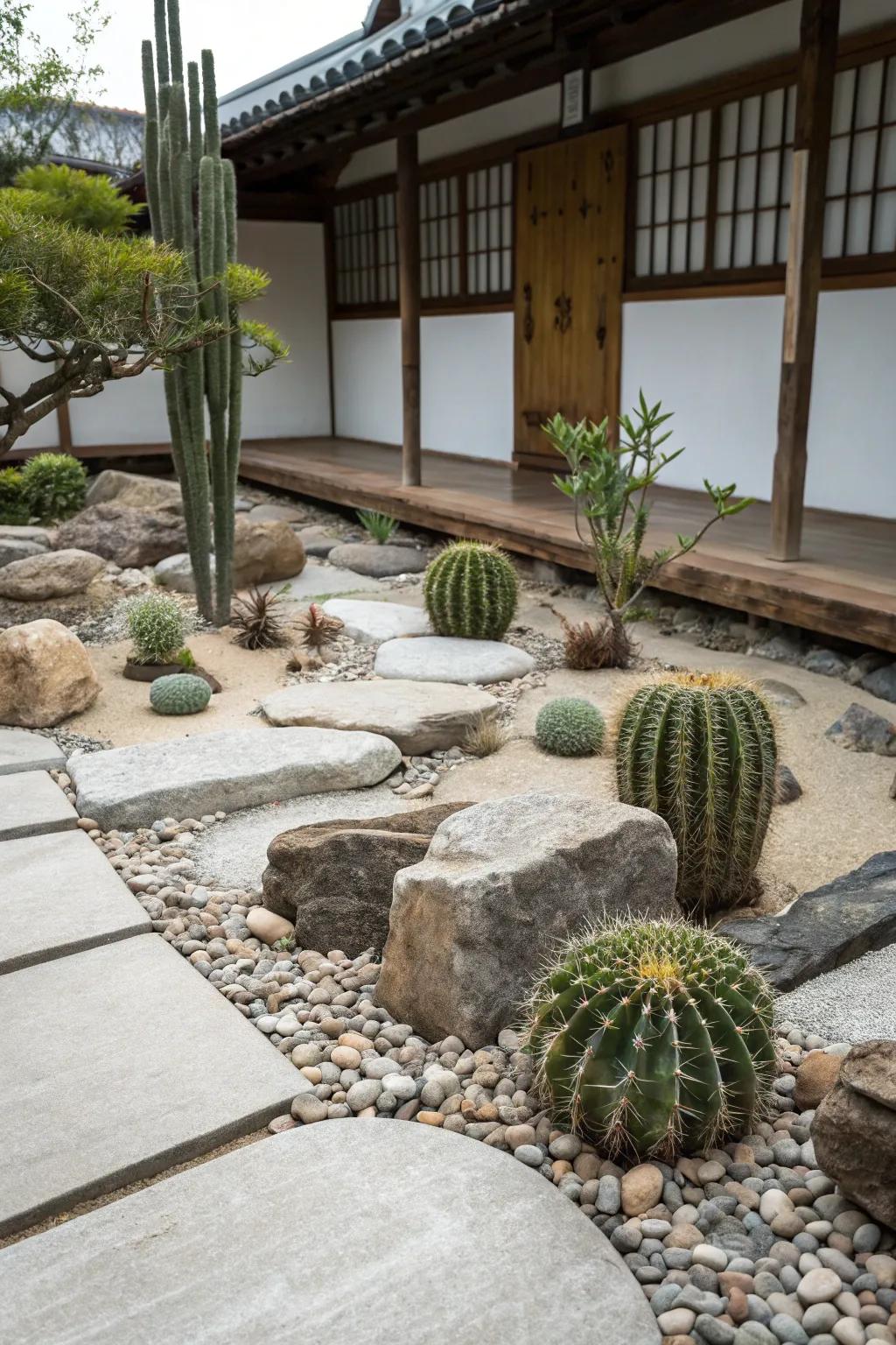 A tranquil zen cactus garden showing harmony among containers, stones, and cacti.