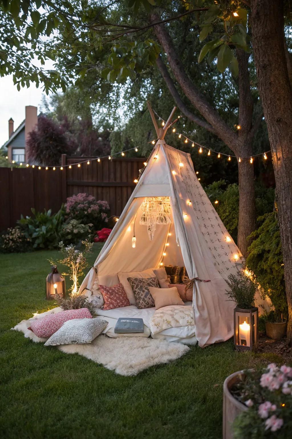 A cozy tent with fairy lights creates a magical camping vibe.