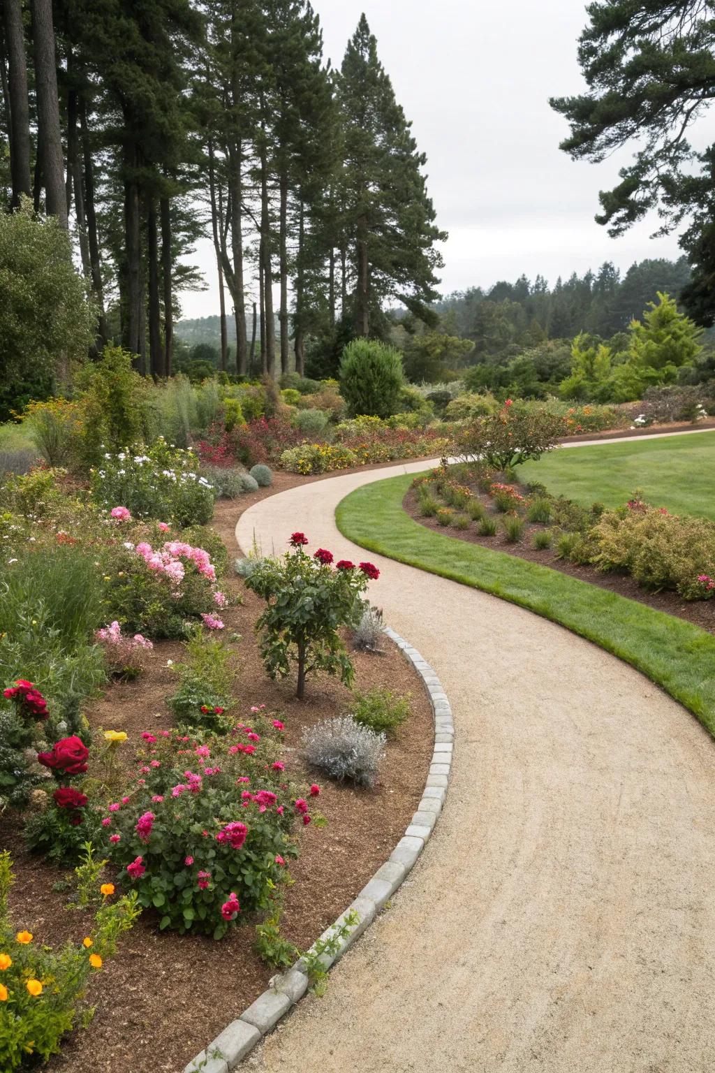 A path of crushed rock fines weaves through a lush garden, forming a tranquil escape.