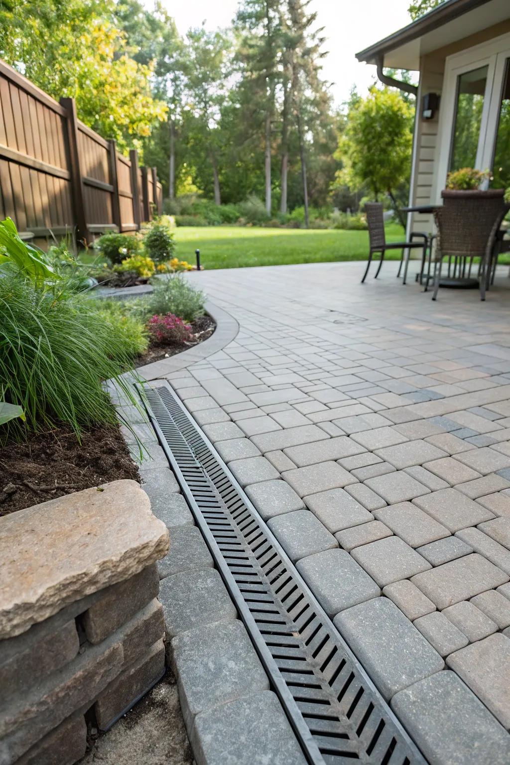 A streamlined trench drain cleverly incorporated into the design of a backyard patio.