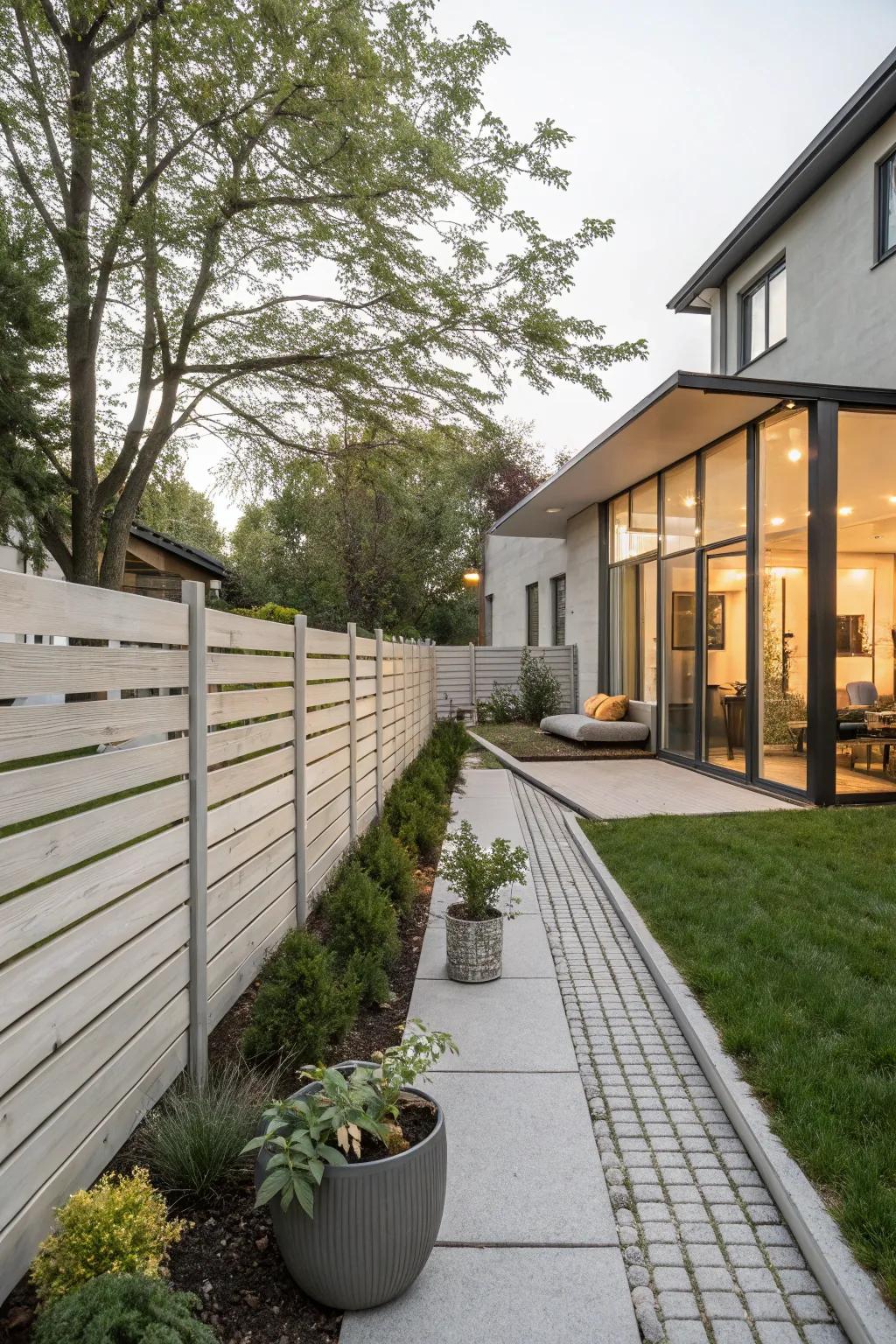 A modern horizontal panel fence creating a streamlined appearance.