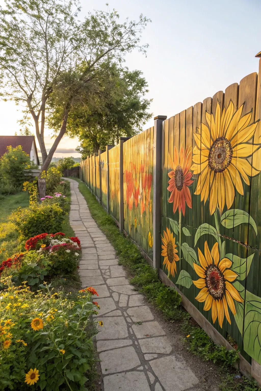 Sunflowers painted on a fence add a cheerful burst of sunshine to any backyard.