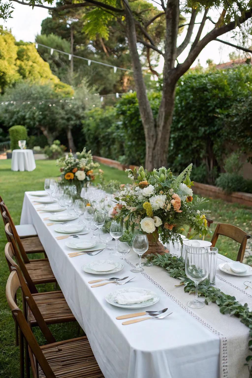 An elegant outdoor dining scene with a floral centerpiece and coordinated glassware.