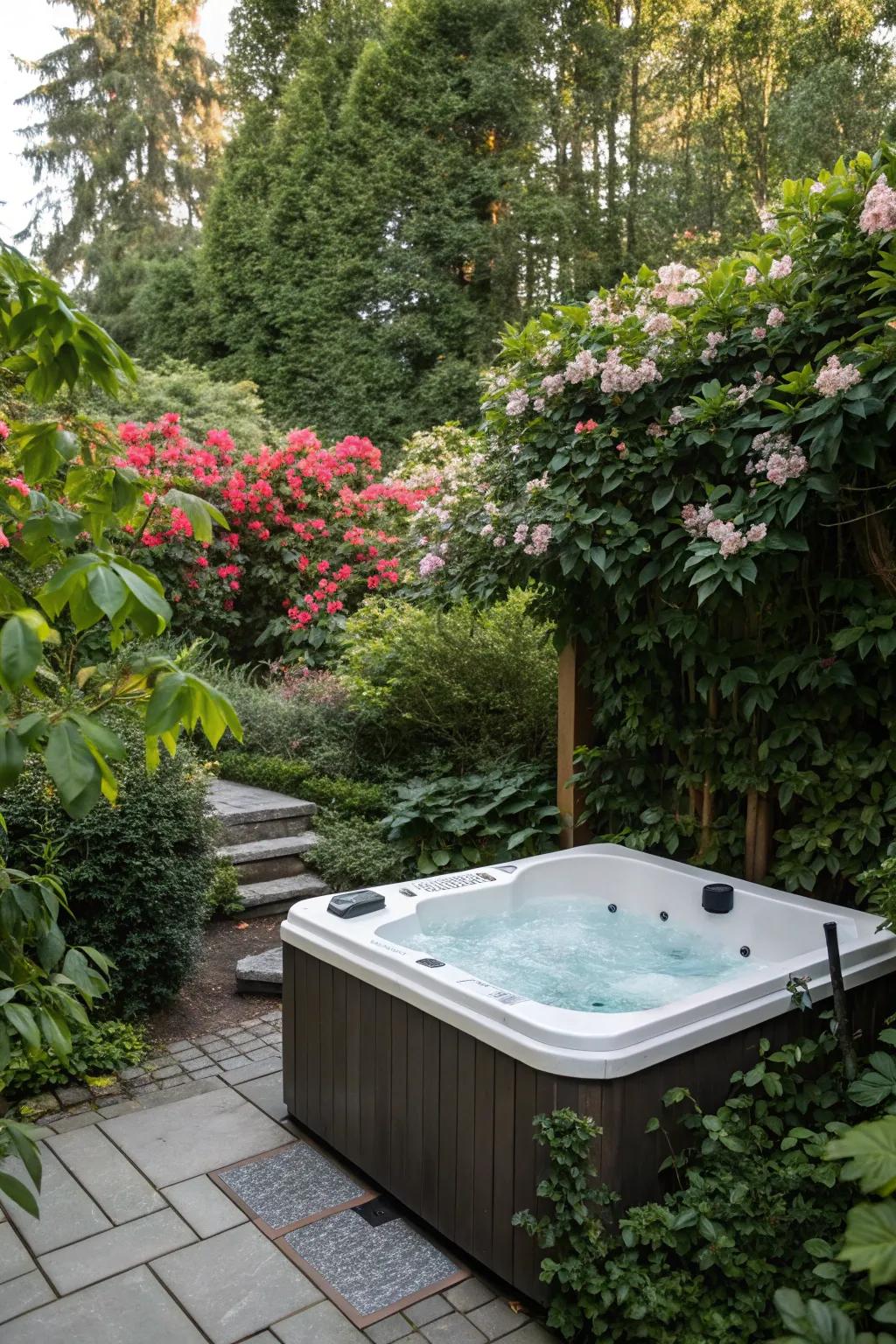 A spa tub nested among lush plants forms a natural getaway.