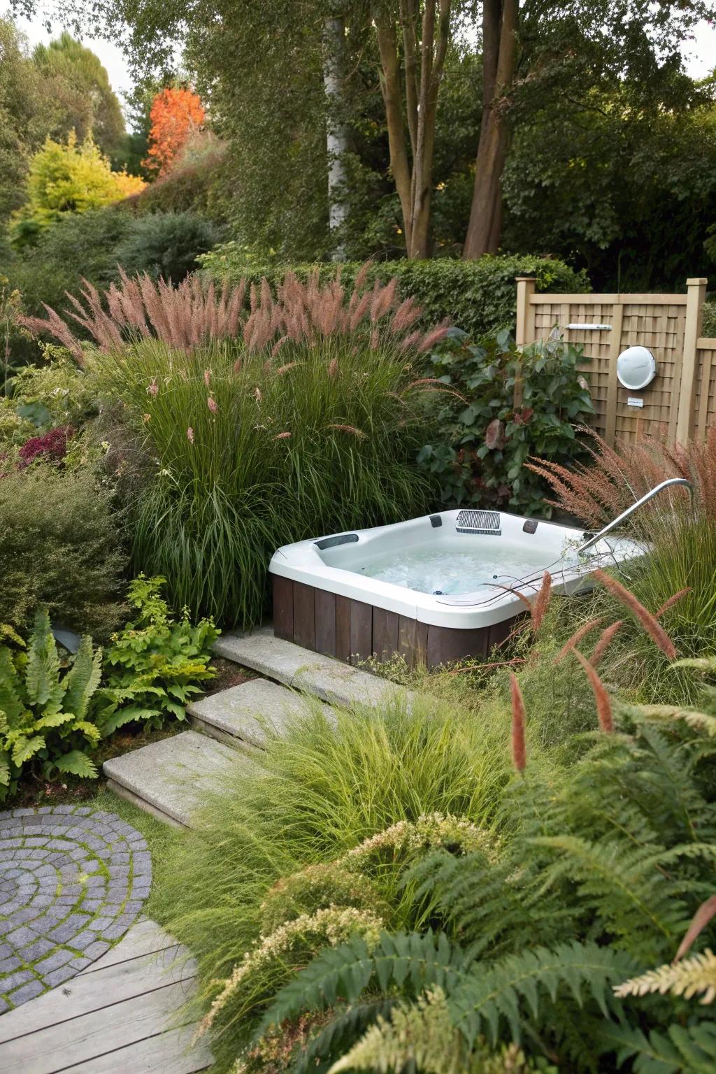 Elevate your relaxation with a hot tub embraced by flourishing greenery.