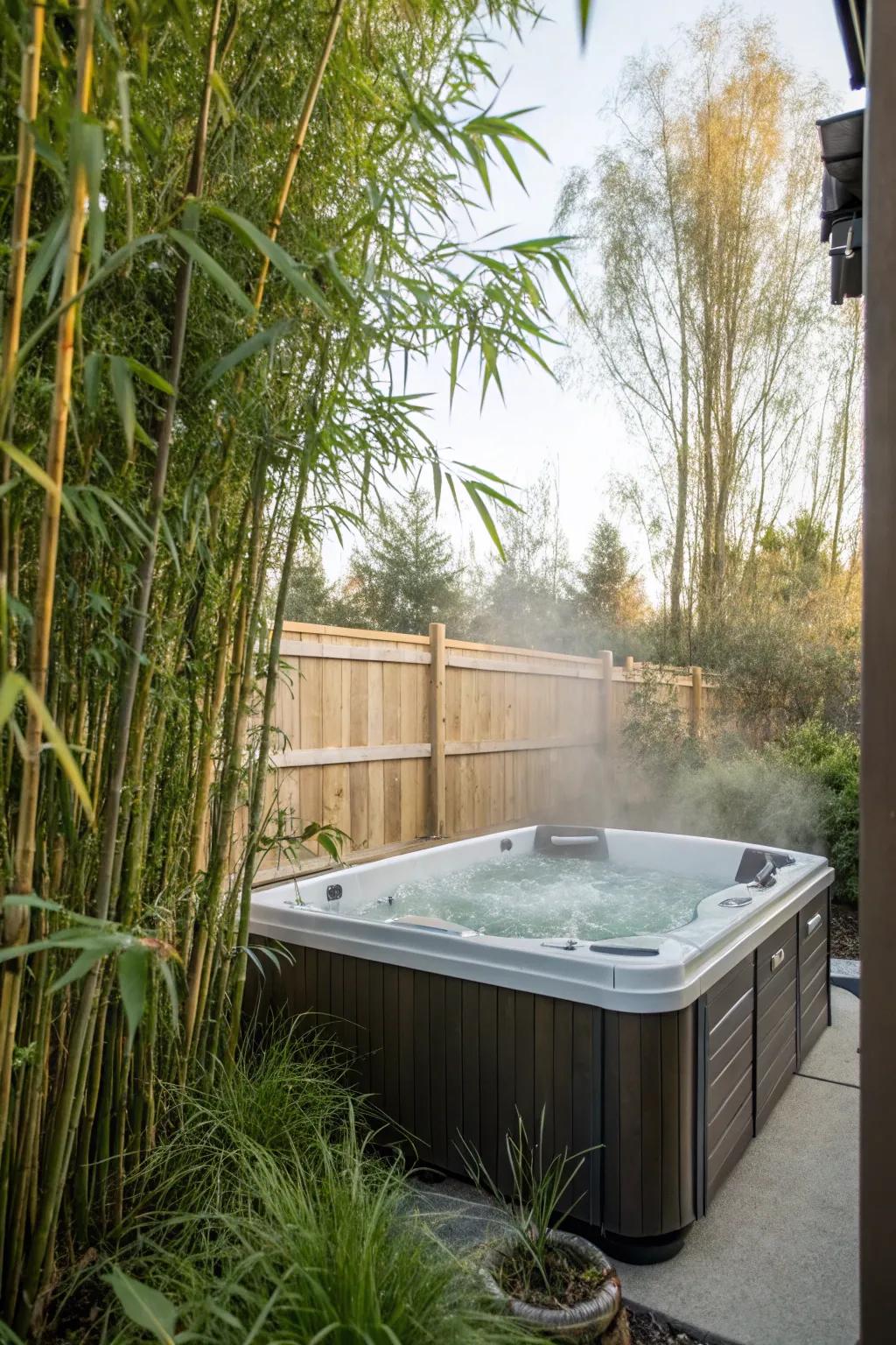 Bamboo offers a natural privacy solution for this intimate hot tub setting.