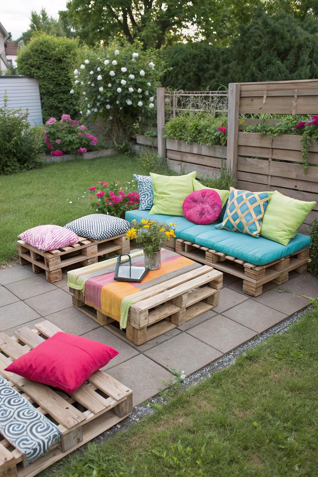 A cozy seating area made from repurposed pallets, combining charm and comfort.