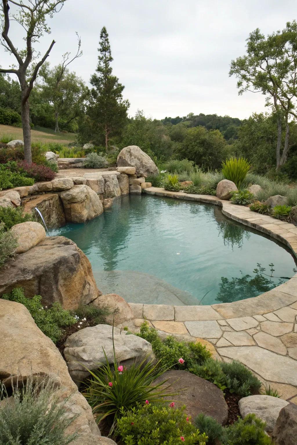 A crescent-shaped pool beautifully integrated with natural landscaping.