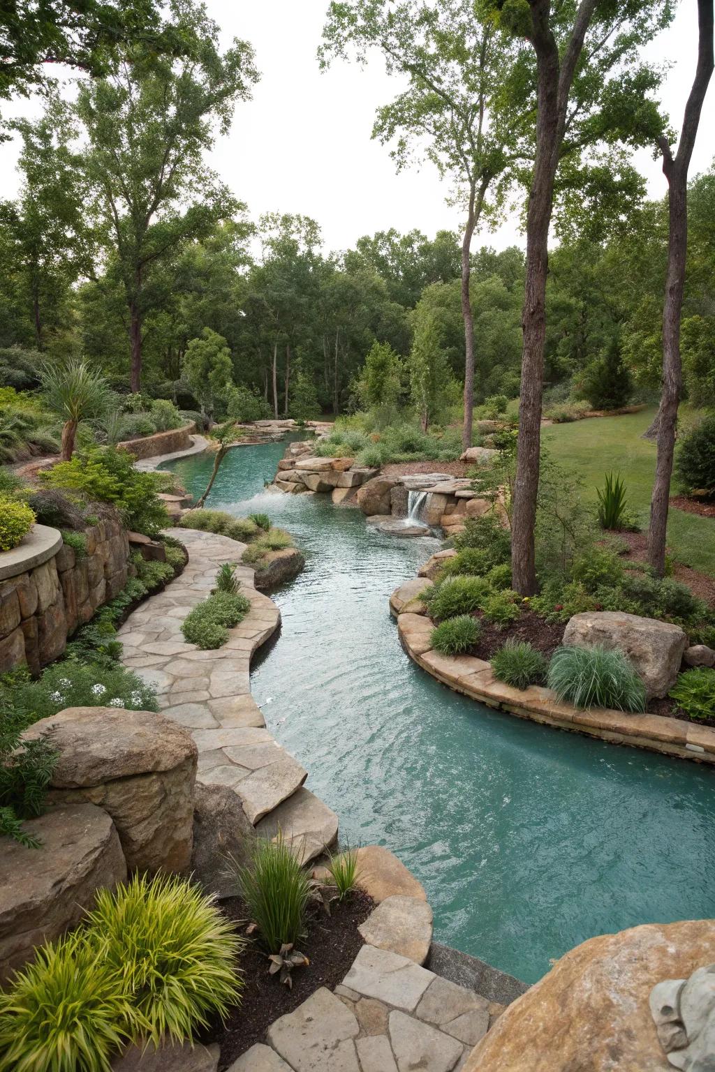 A lazy river pool flawlessly integrated with natural landscaping.
