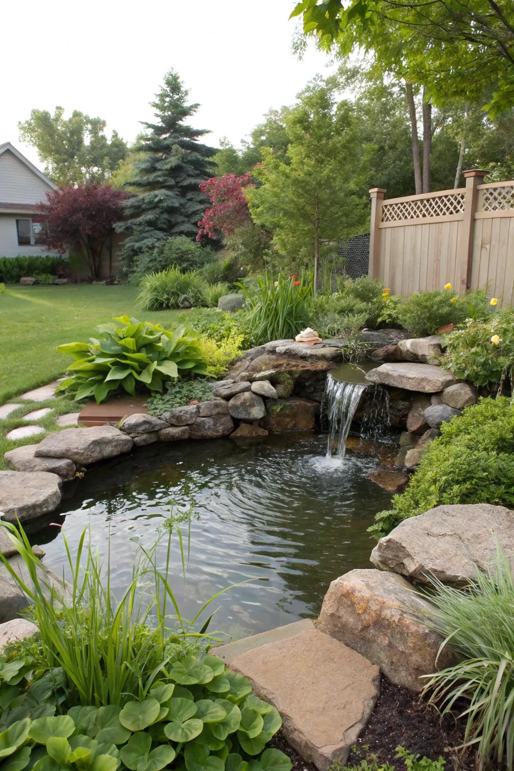 A backyard pond enhanced with a cascading water feature creates a tranquil space.