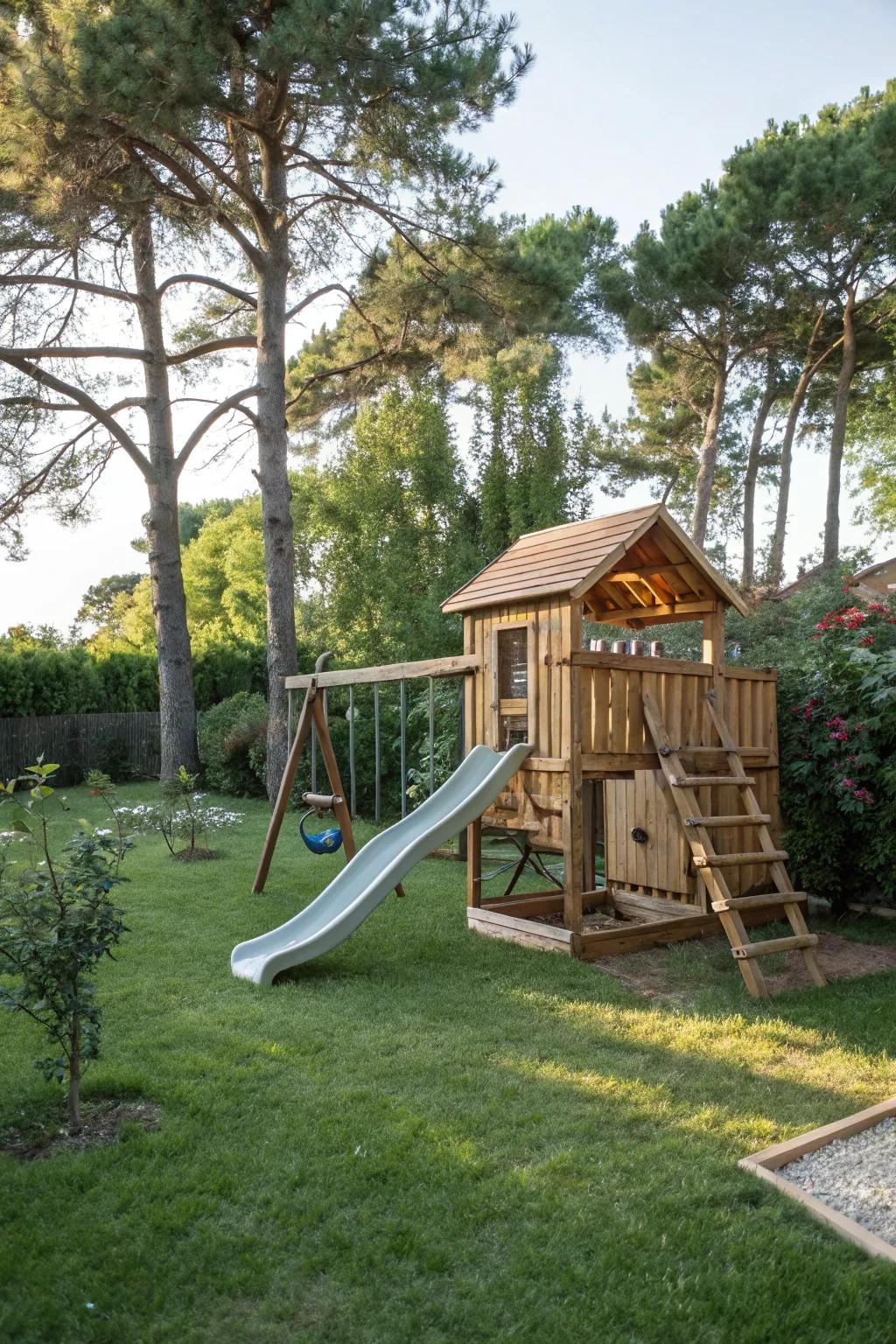 A wooden playset featuring a slide for endless entertainment