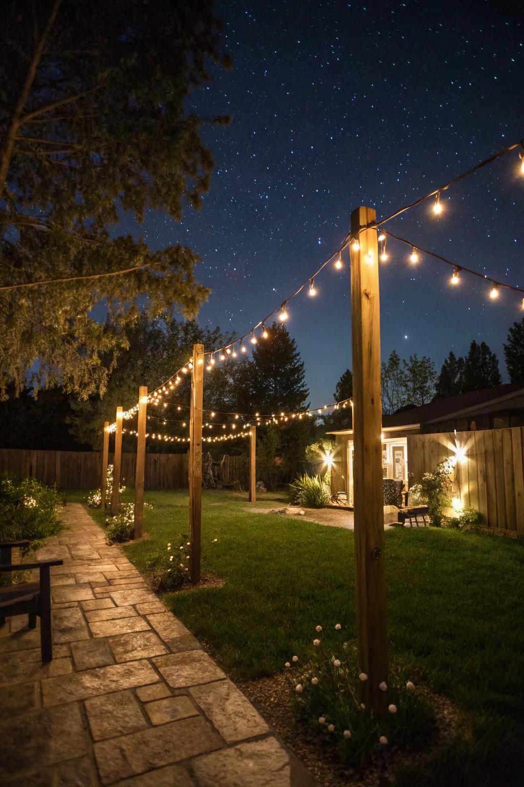 Conjure a magical setting using posts adorned with string lights in your backyard.