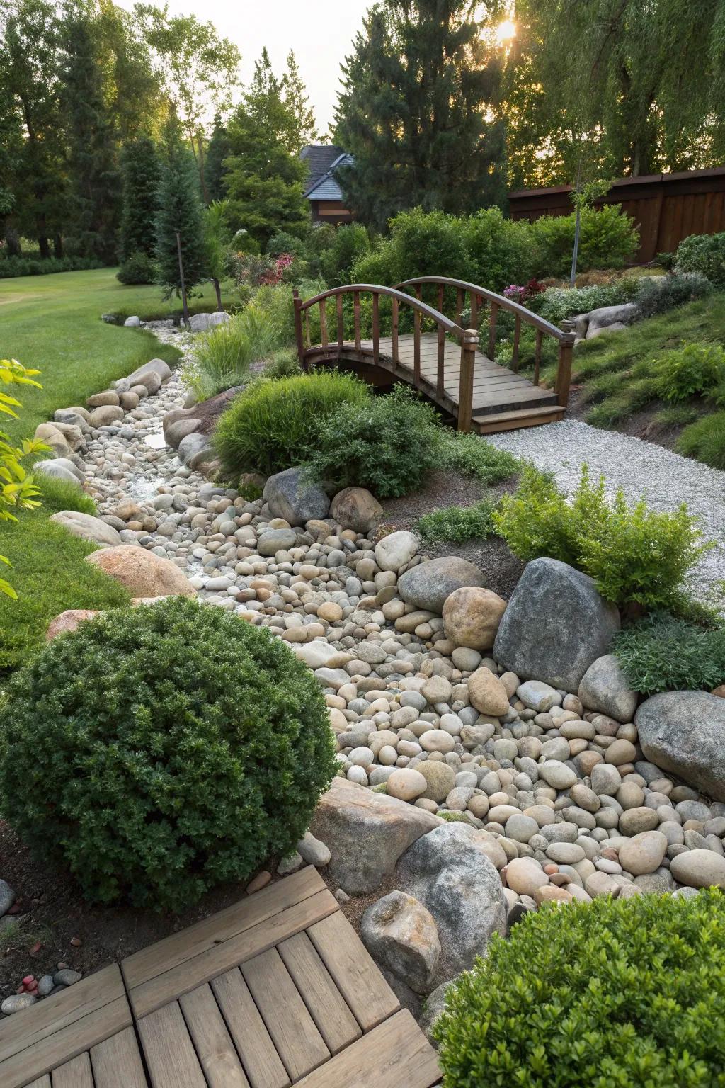 A simulated riverbed enhances your garden’s aesthetics and serves a practical function.