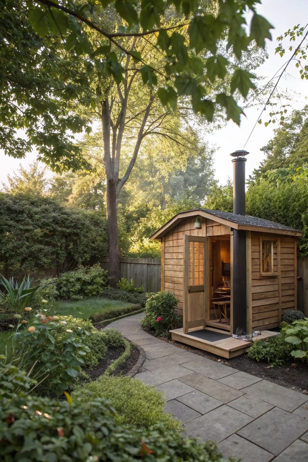 A natural sanctuary sauna elegantly tucked within greenery.